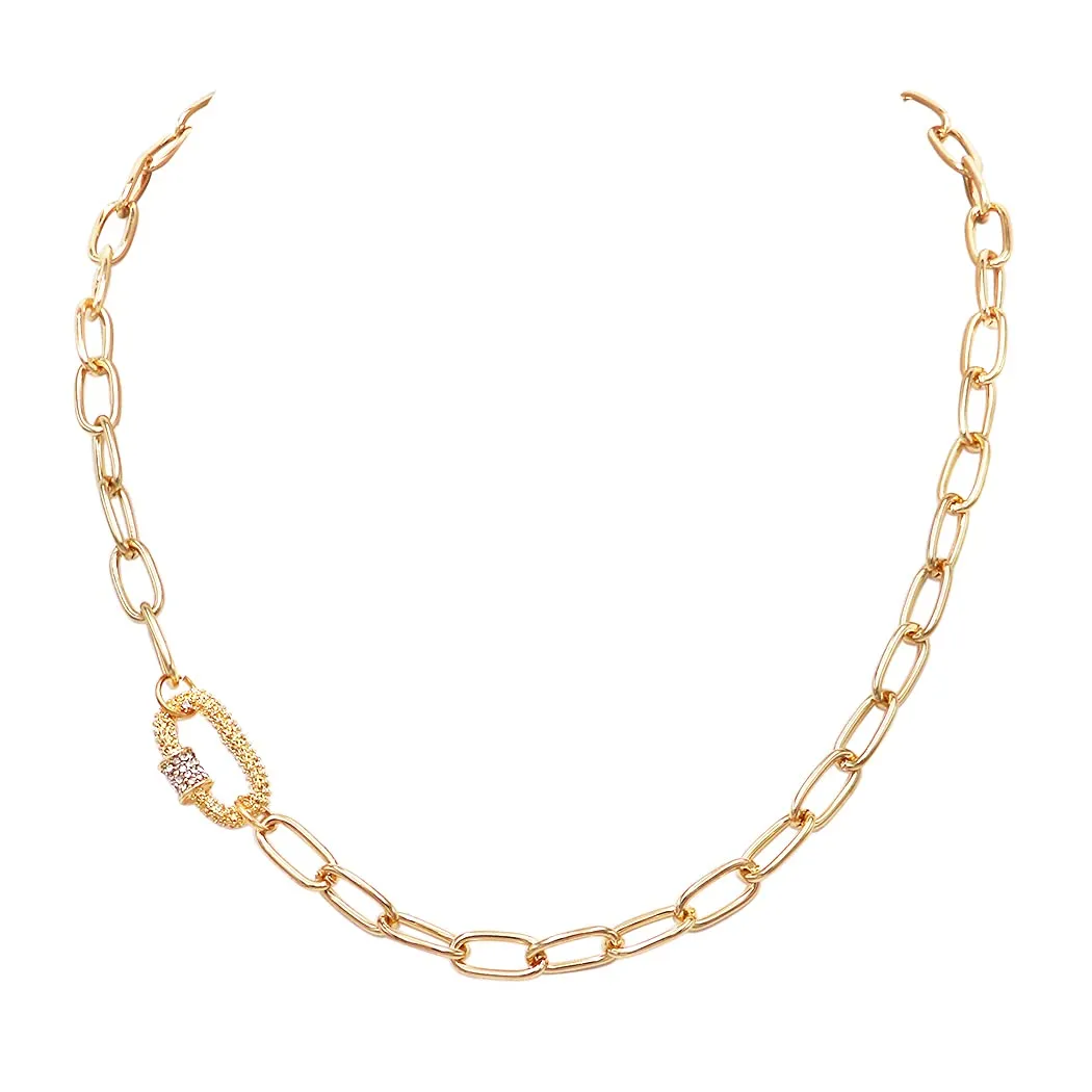 Women's Polished Gold Tone Large Link Chain Necklace with Pave Crystals, 19'-22' Long