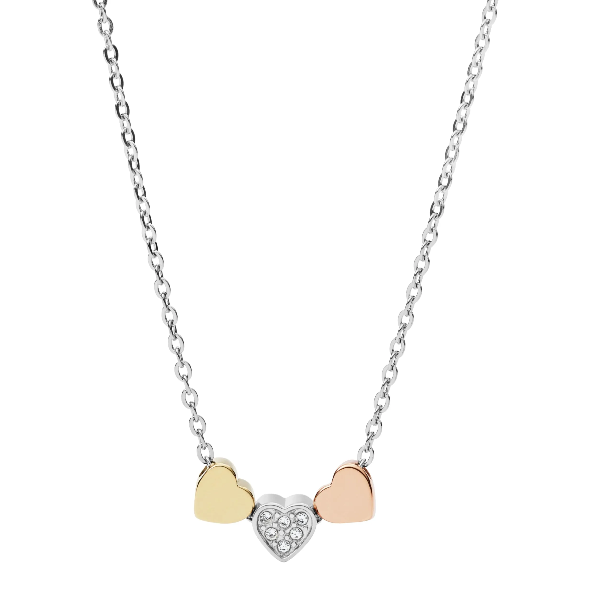 Women's Silver-Tone Necklace with Hearts in Tri-Tone Steel, 16' Length & 2' Extension